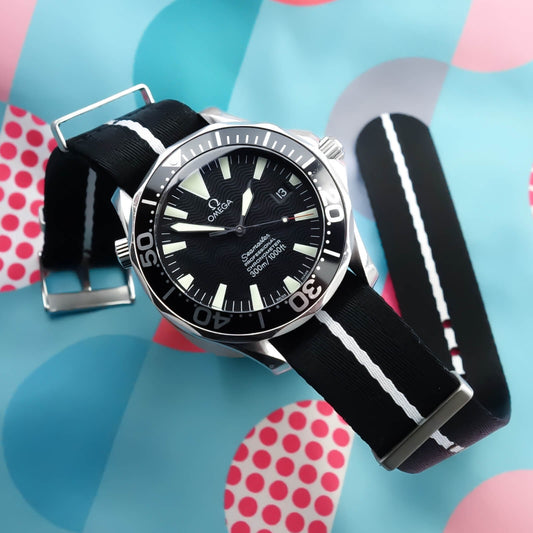 Black Nylon Watch Strap with White Stripe - Omega Seamaster