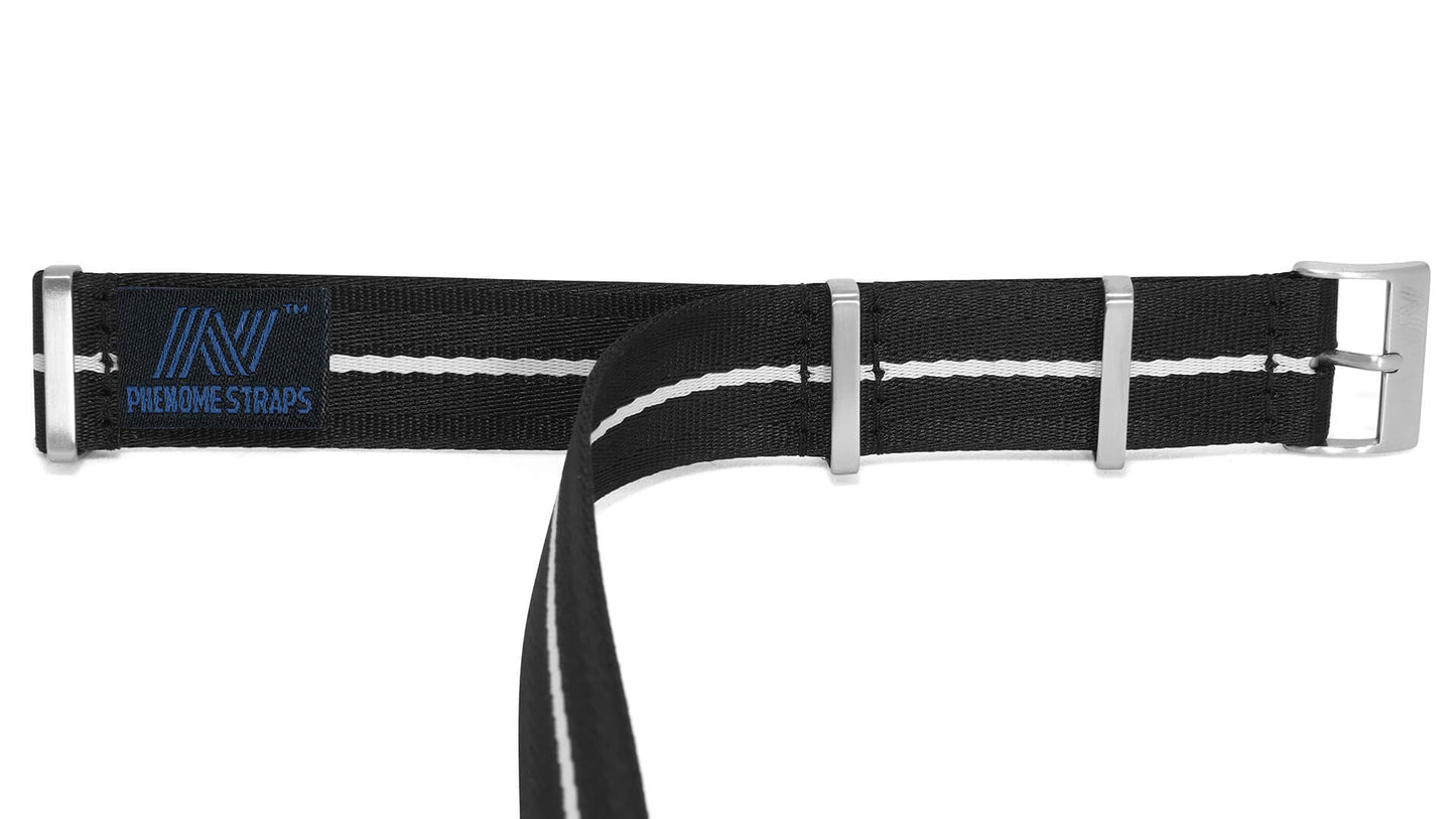 Black Nylon Watch Strap with White Stripe - Brushed
