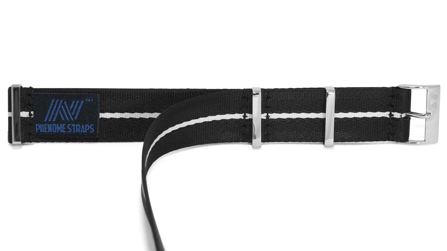 Black Nylon Watch Strap with White Stripe - Polished