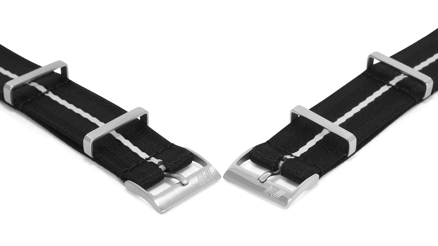 Black Nylon Watch Strap with White Stripe - buckle