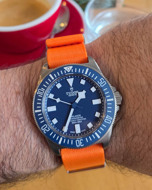 Orange Nylon Strap on Pelagos FXD - wristshot