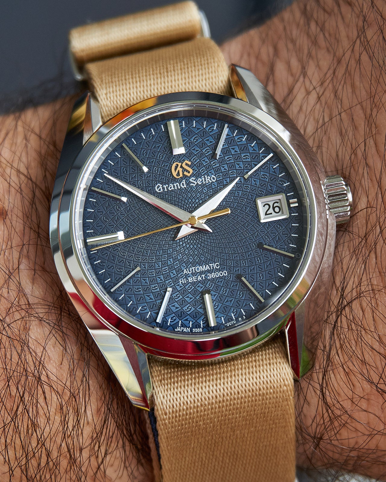 Grand Seiko watch with blue dial and beige strap on wrist
