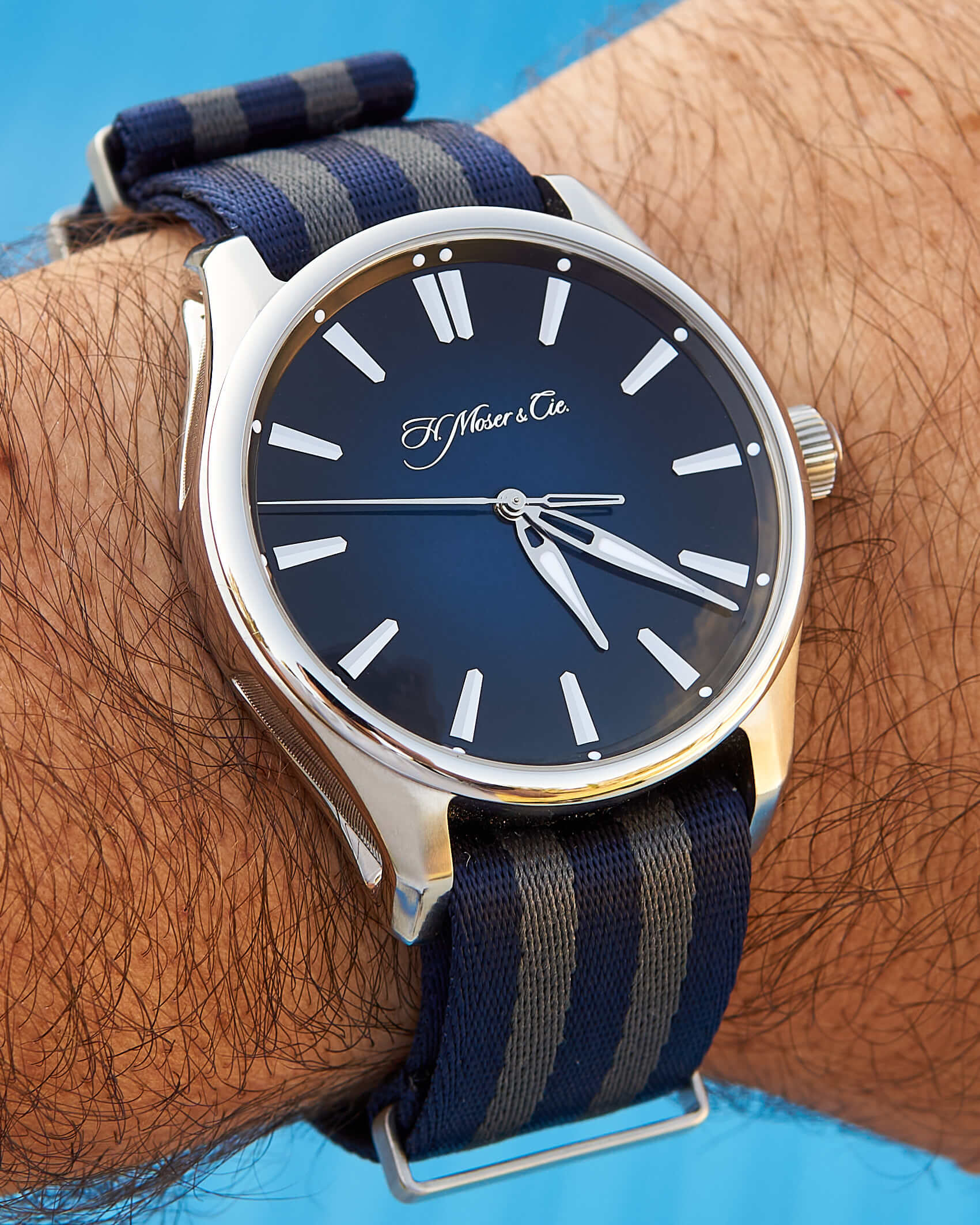 H. Moser Pioneer on a blue bond premium nylon strap