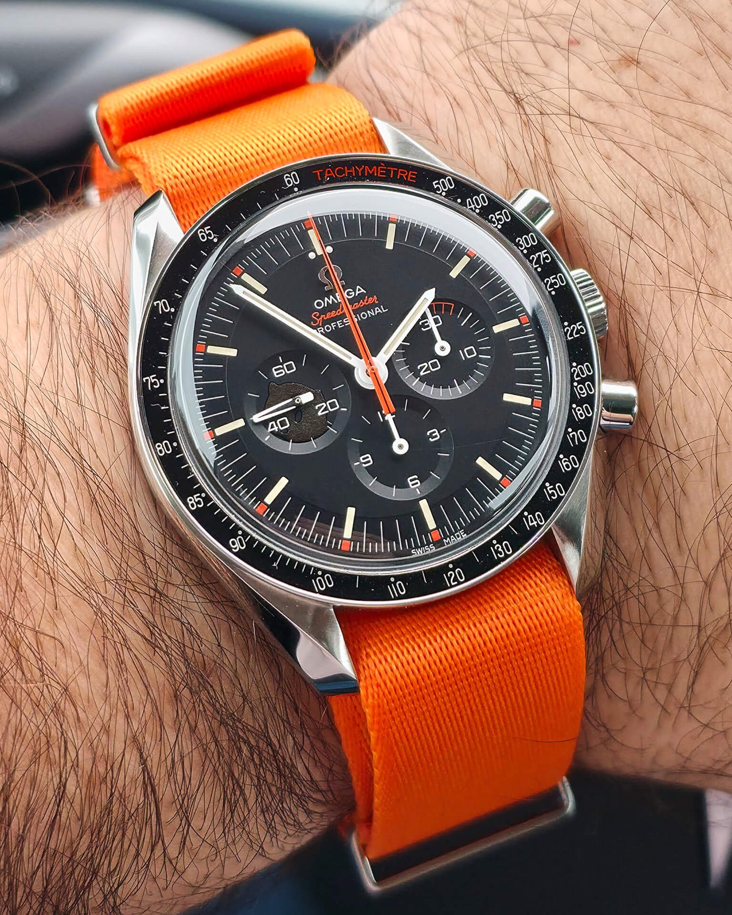 Omega Speedmaster Ultraman on Orange nylon strap - wristshot