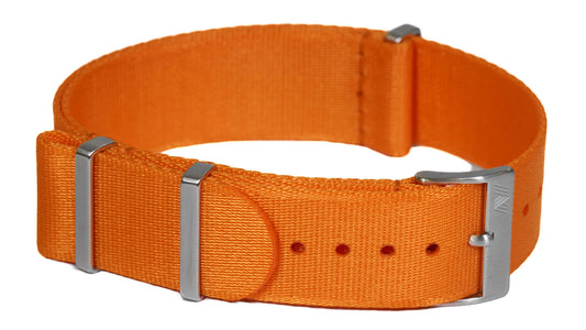 Orange premium nylon watch strap with stainless steel hardware on a white background by Phenomestraps