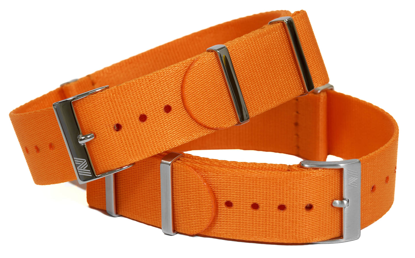 Orange premium nylon watch straps with stainless steel hardware on a white background by Phenomestraps