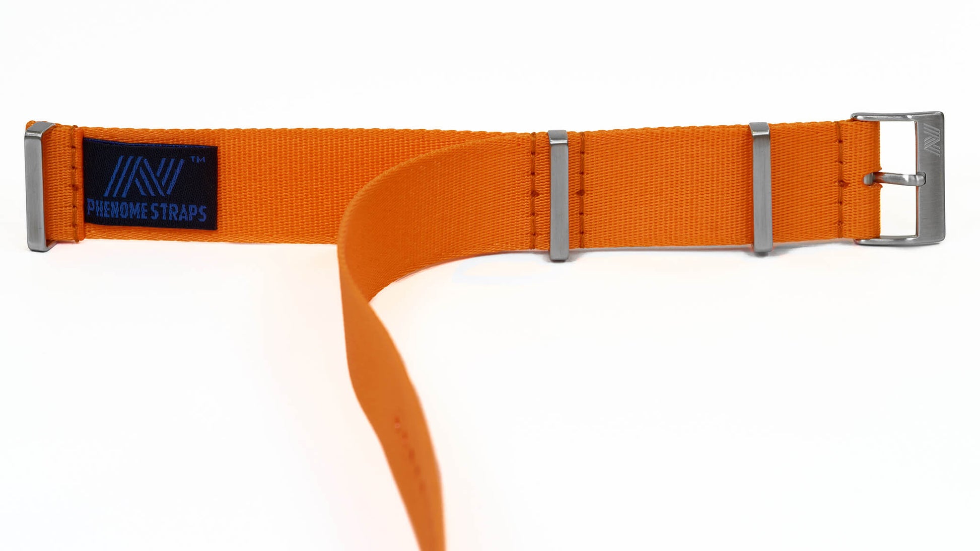 Orange premium nylon watch strap with brushed hardware on a white background by Phenomestraps