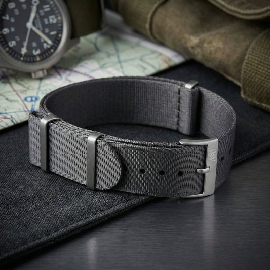 PhenomeStraps premium admiralty grey seatbelt nylon watch strap with stainless steel hardware