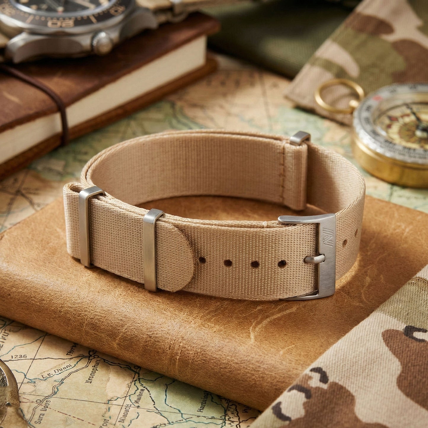 PhenomeStraps premium beige seatbelt nylon watch strap with stainless steel hardware