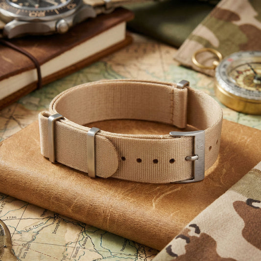 PhenomeStraps premium beige seatbelt nylon watch strap with stainless steel hardware