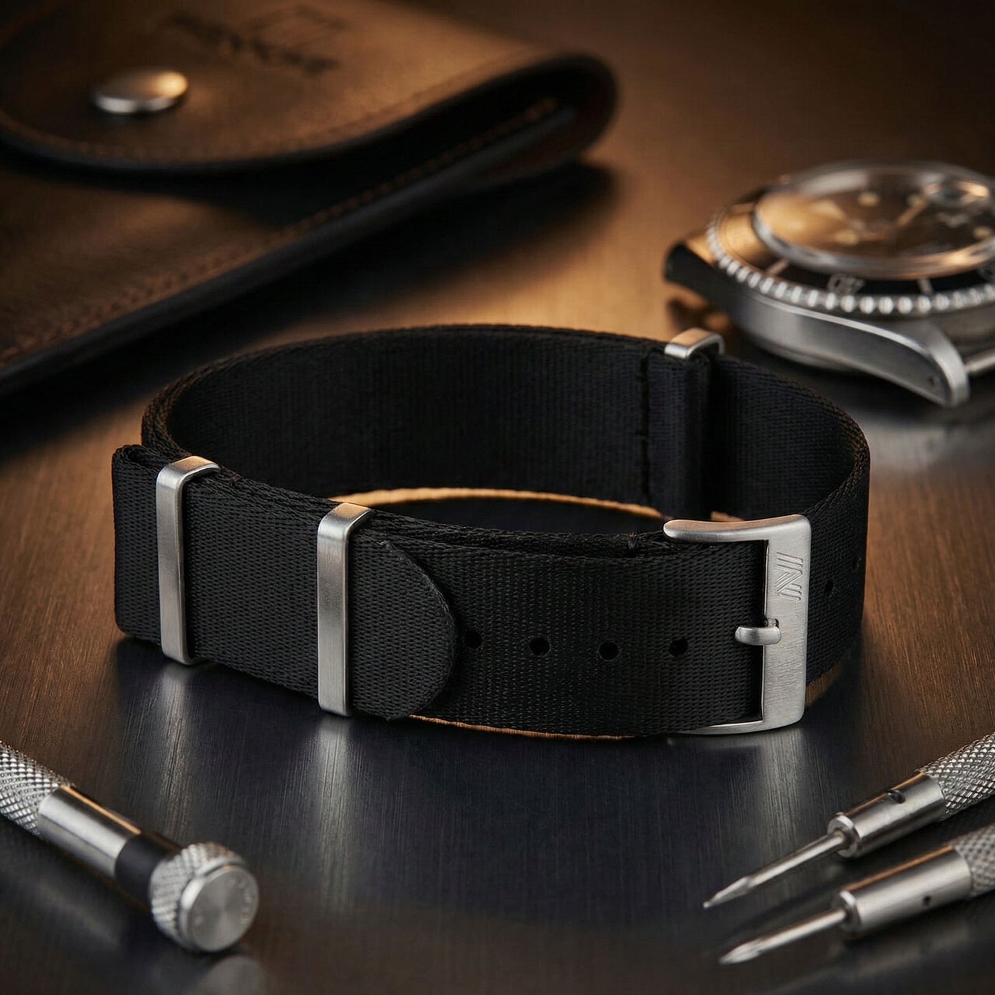 PhenomeStraps premium Black seatbelt nylon watch strap with stainless steel hardware