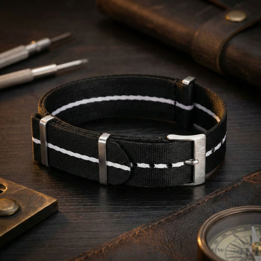 PhenomeStraps premium black seatbelt nylon watch strap with white stripe and stainless steel hardware