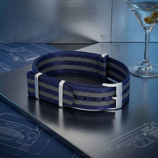 PhenomeStraps premium blue and Grey Bond style seatbelt nylon watch strap with stainless steel hardware