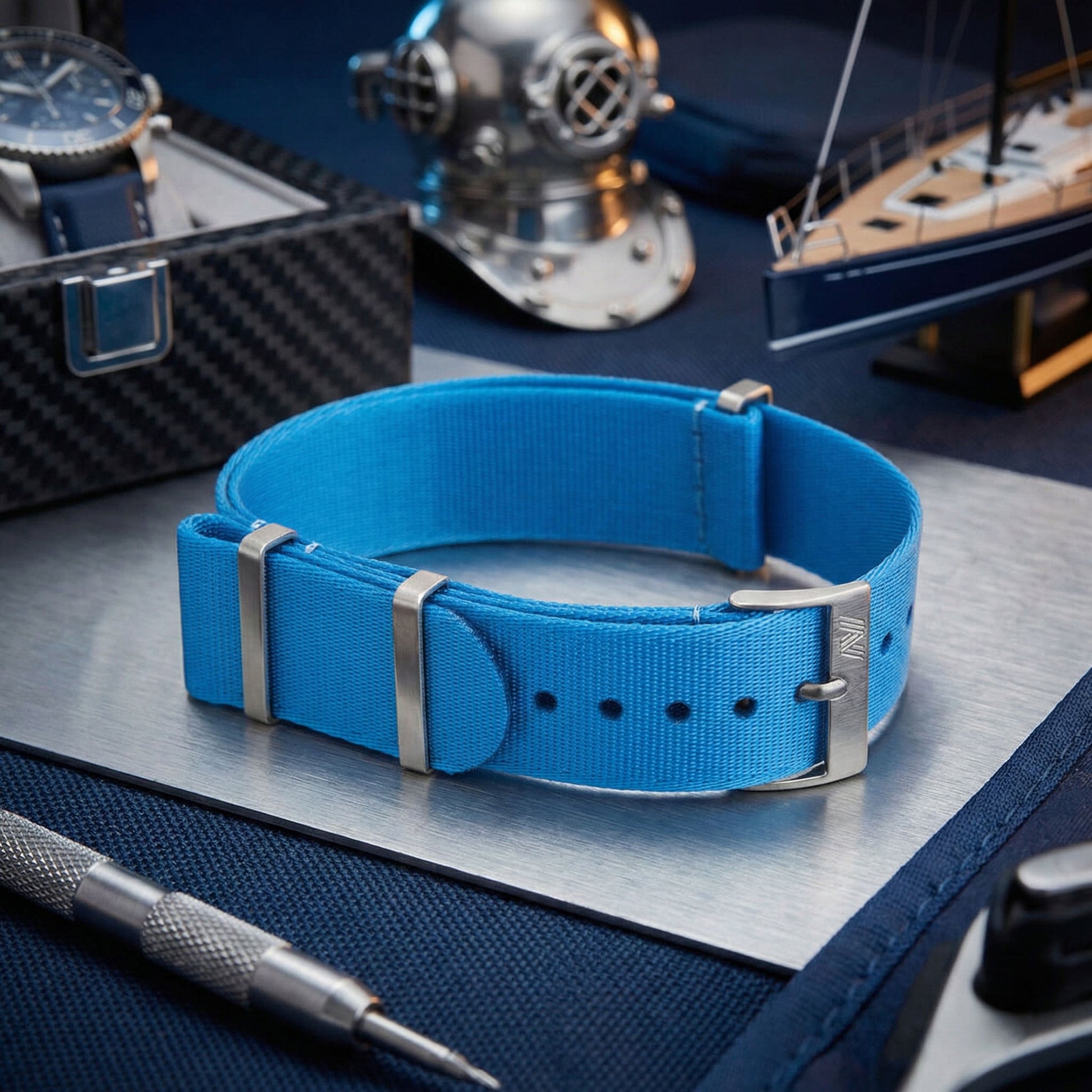 PhenomeStraps premium blue seatbelt nylon watch strap with stainless steel hardware