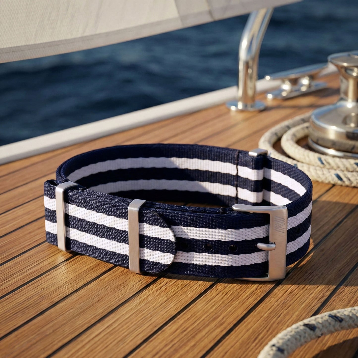 PhenomeStraps premium navy and white striped seatbelt nylon watch strap with stainless steel hardware