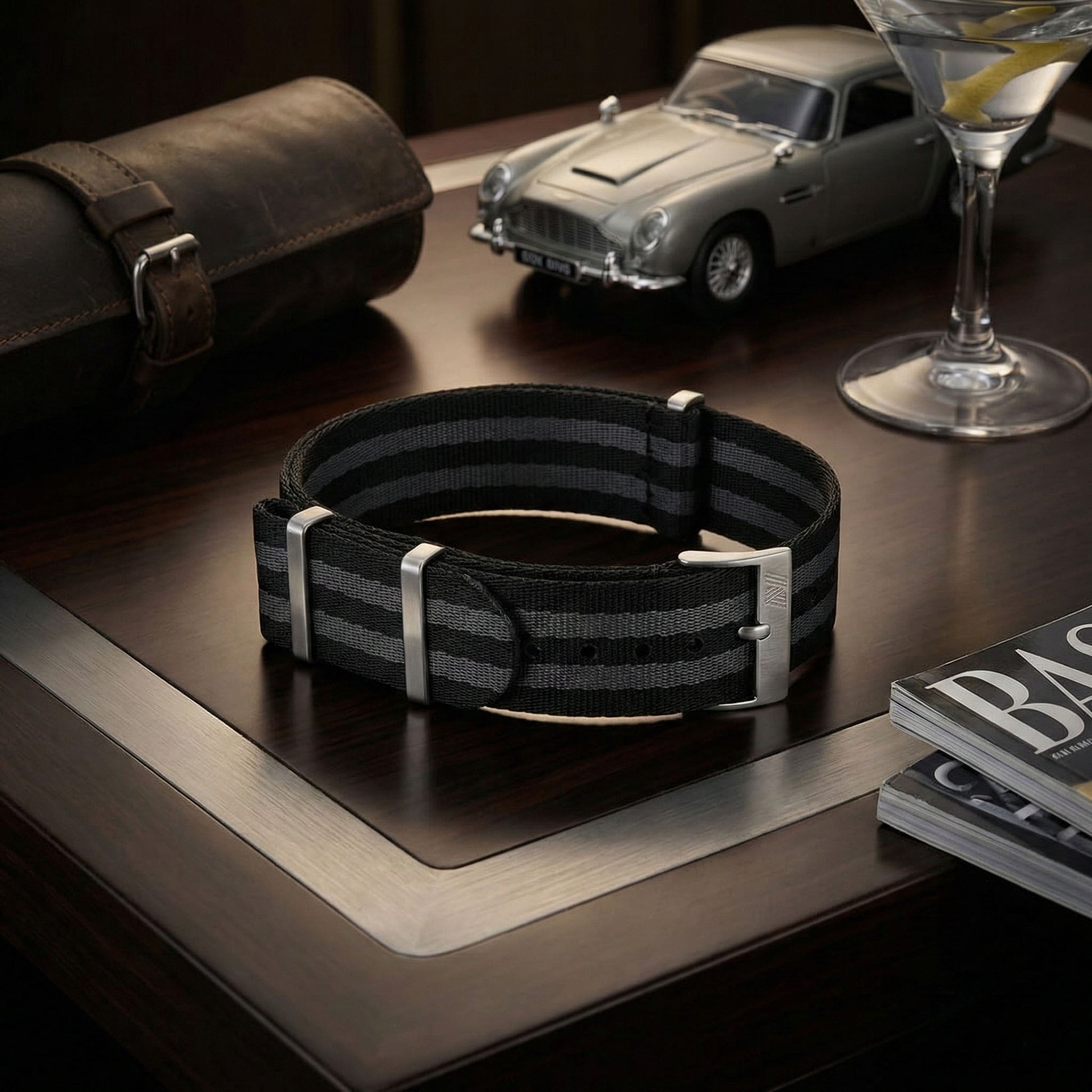 PhenomeStraps heavy duty Black and Grey Bond style seatbelt nylon watch strap with stainless steel hardware