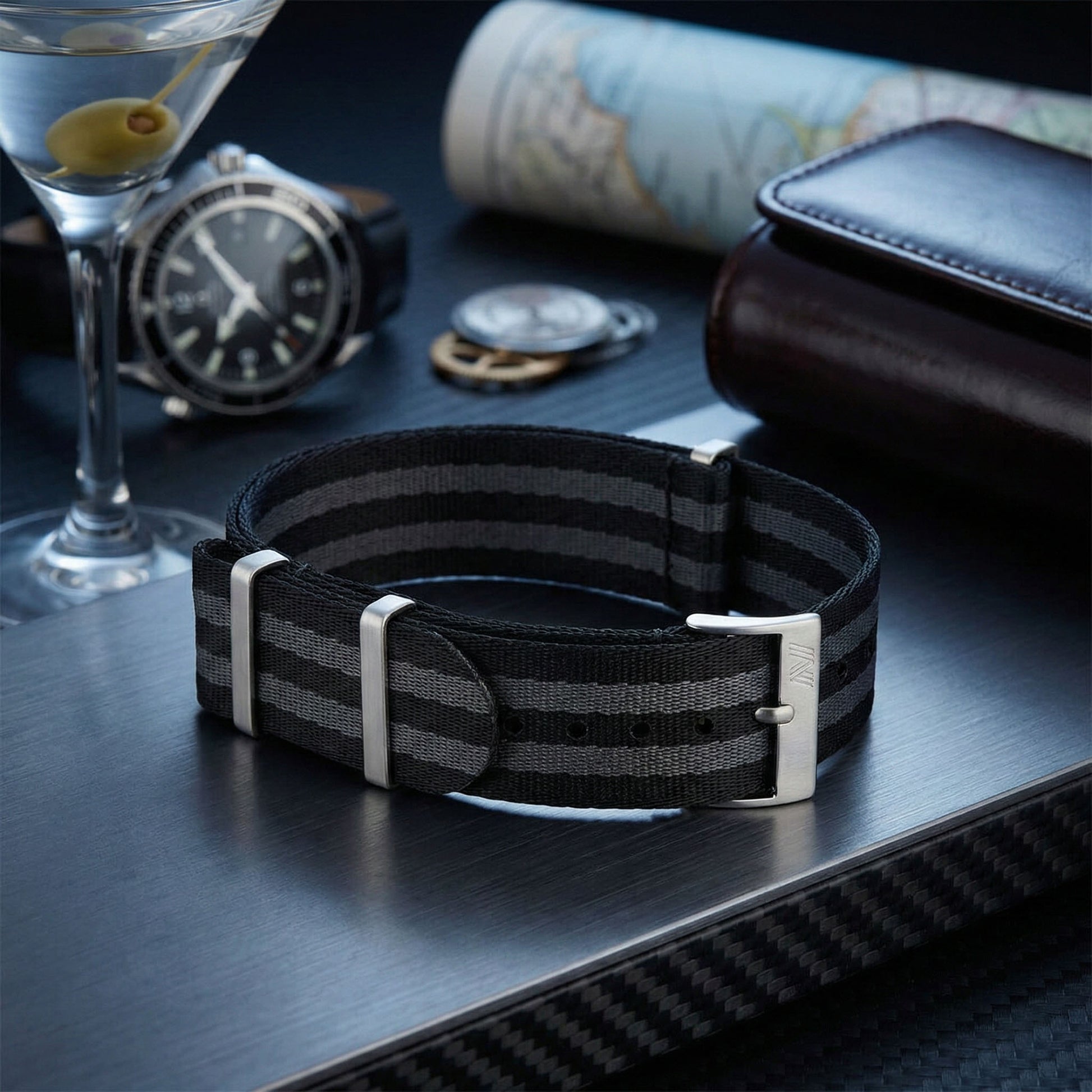 PhenomeStraps premium Black and Grey Bond style seatbelt nylon watch strap with stainless steel hardware