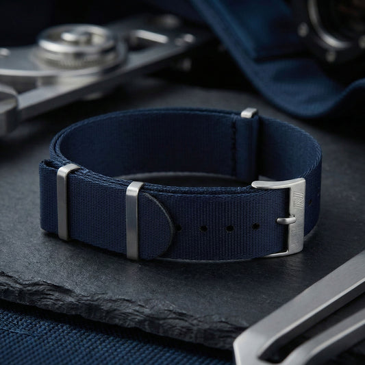 PhenomeStraps premium navy blue seatbelt nylon watch strap with stainless steel hardware