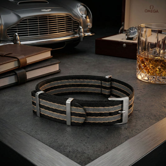 PhenomeStraps premium NTTD Bond style seatbelt nylon watch strap with stainless steel hardware