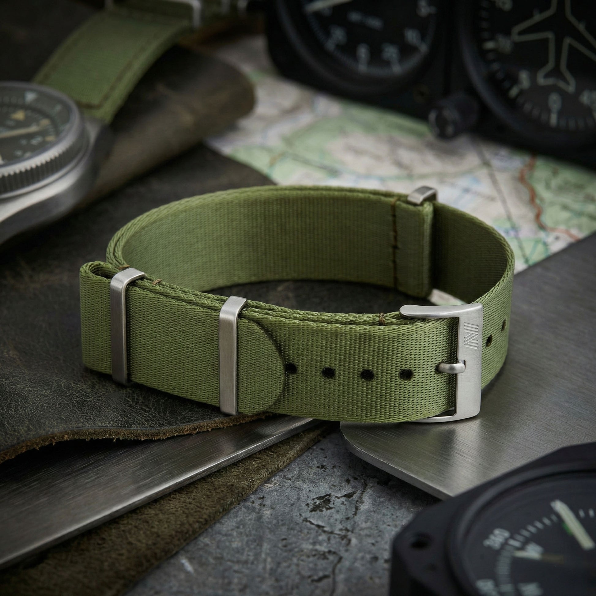 PhenomeStraps premium olive green seatbelt nylon watch strap with stainless steel hardware