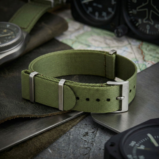 PhenomeStraps premium olive green seatbelt nylon watch strap with stainless steel hardware