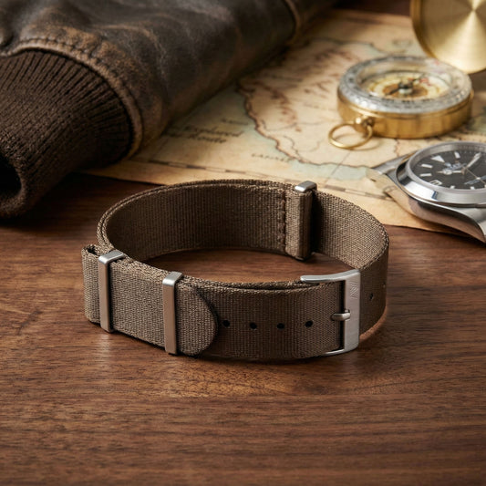 PhenomeStraps premium Taupe seatbelt nylon watch strap with stainless steel hardware