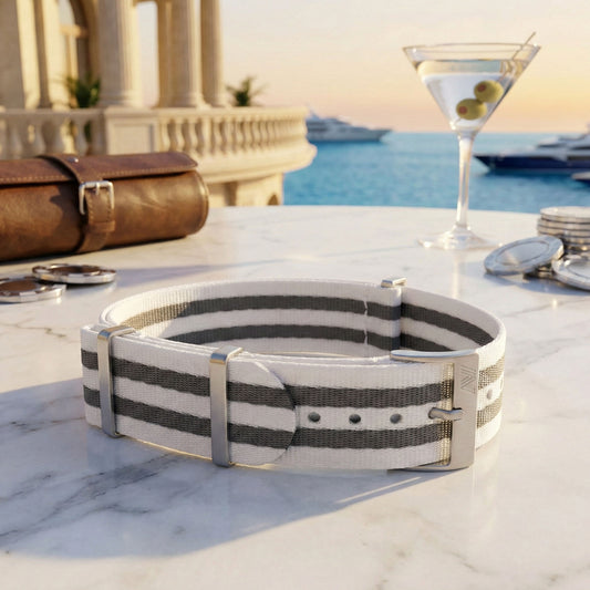 PhenomeStraps premium White and Grey Bond style seatbelt nylon watch strap with stainless steel hardware