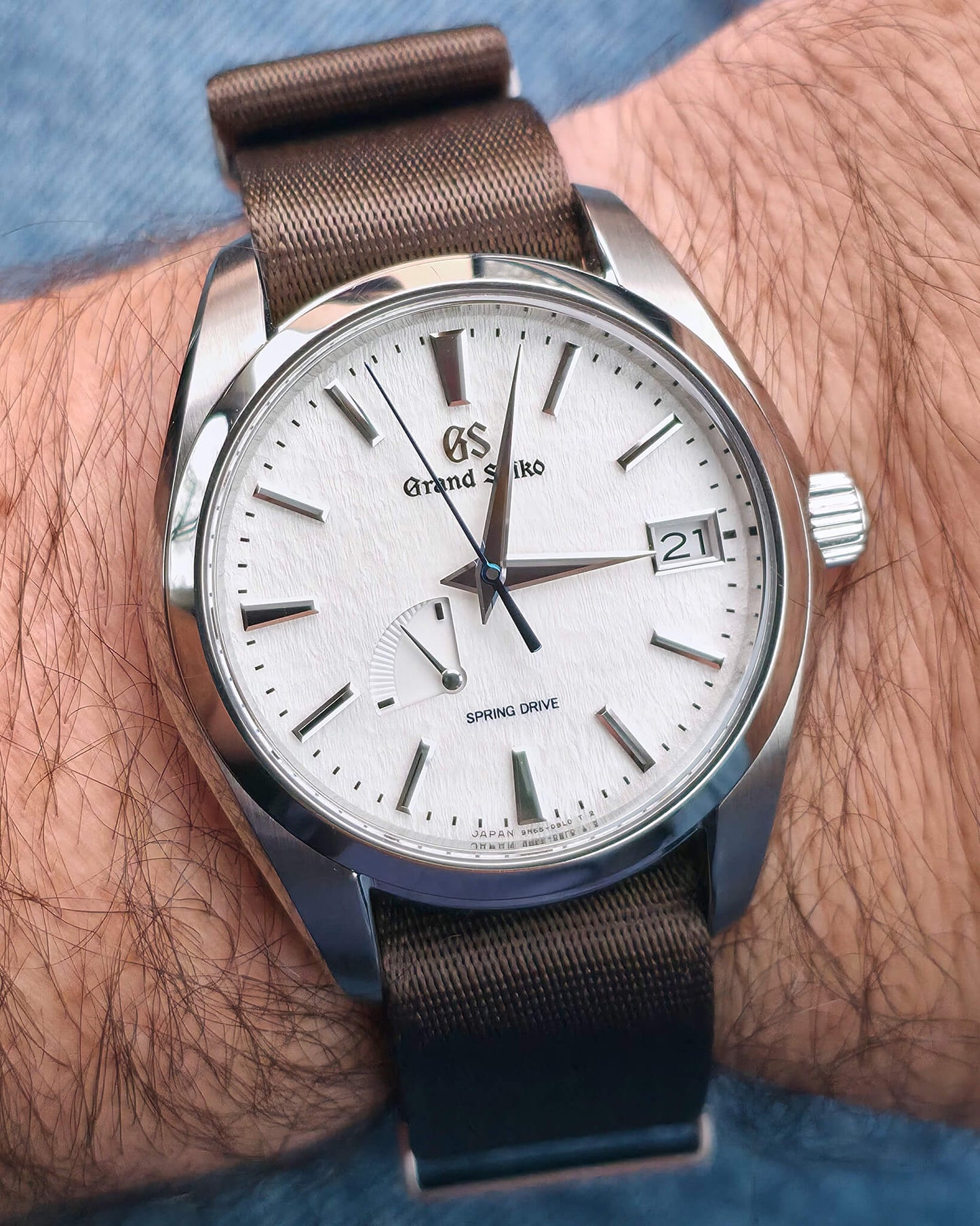 Grand Seiko Snowflake on a Taupe nylon strap - wristshot
