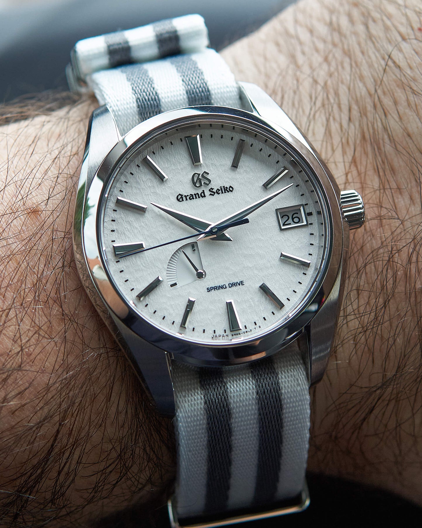 Grand Seiko Snowflake on White Bond premium nylon strap - wristshot